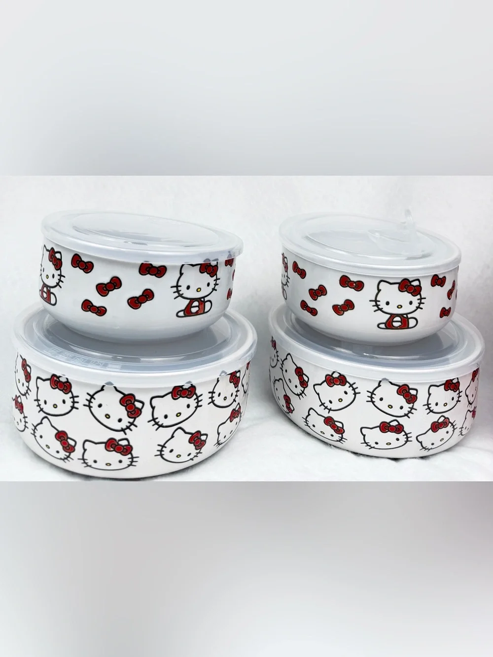 Hello Kitty White Ceramic Bowls with Red Bow Accents & Lids - 8 Piece Set